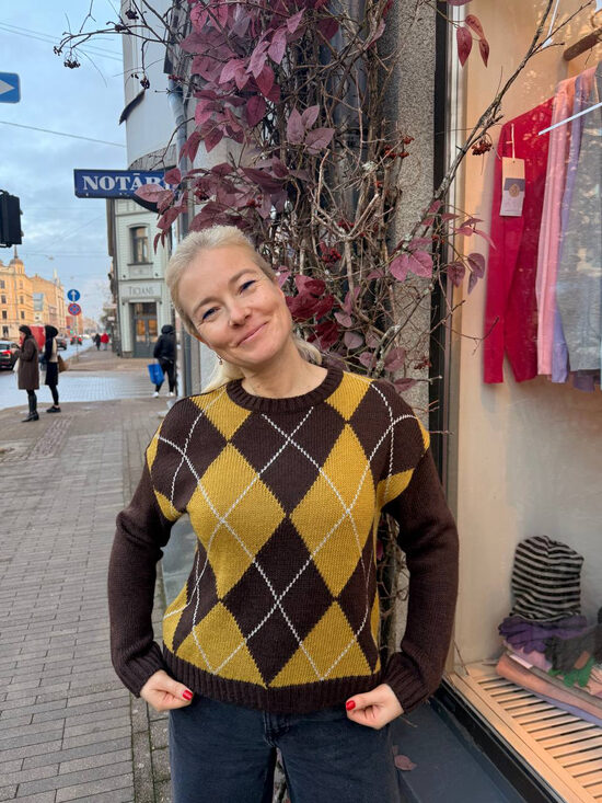 Džemperis ar vilnu un mohēru, rombu raksts, Šokolāde un sinepe, Universāls izmērs